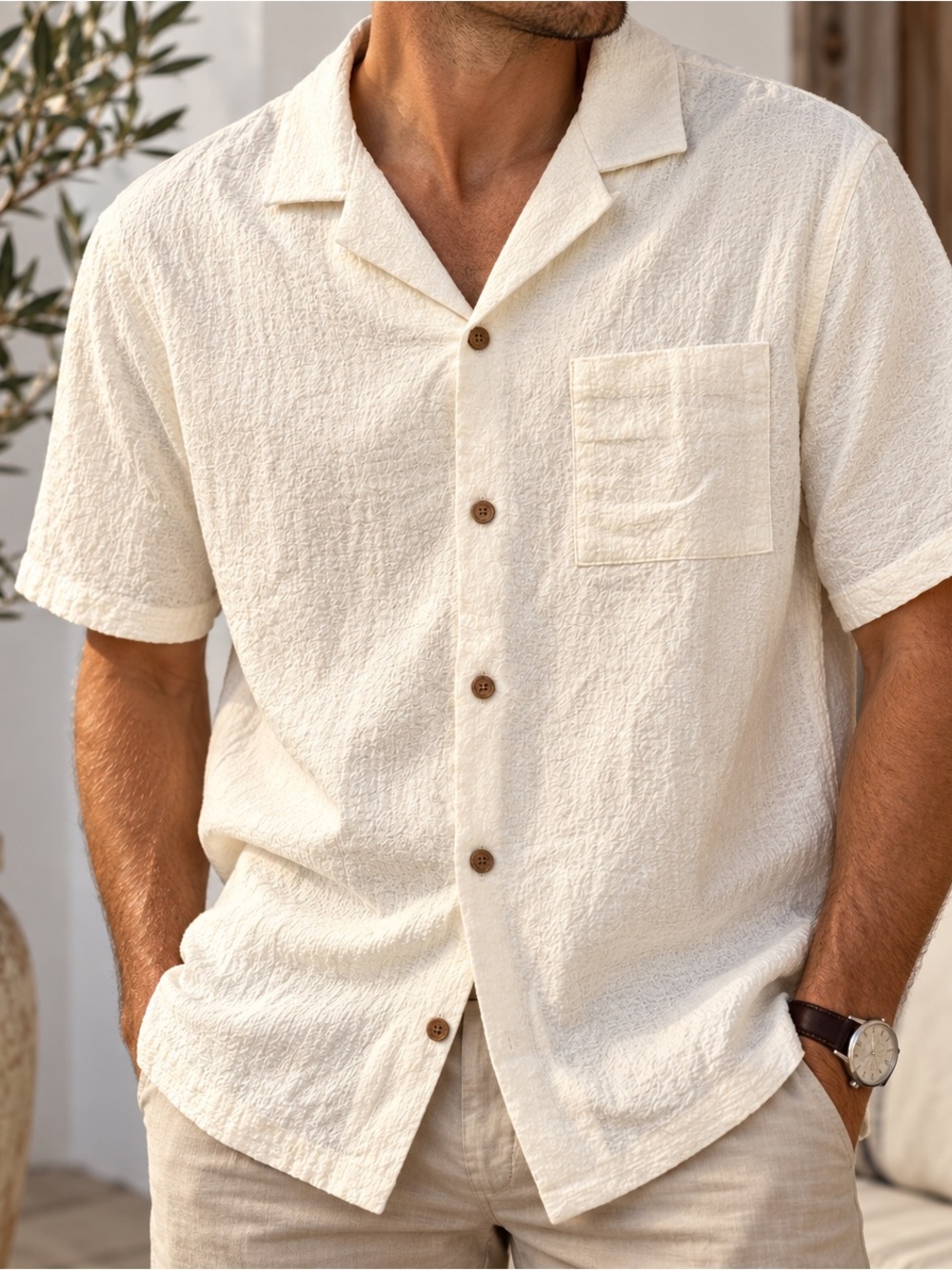 Medium | Lucky Brand | Cream Textured Camp Collar Shirt
